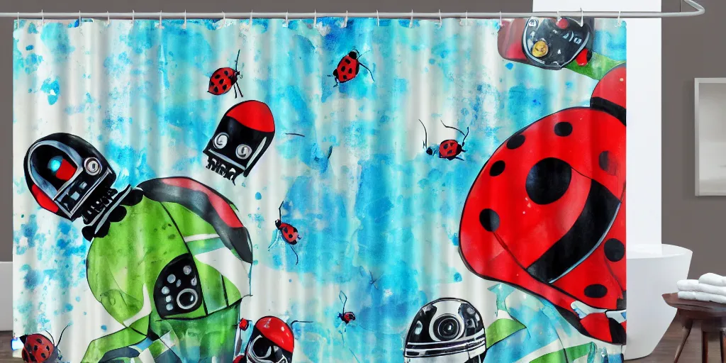 Image similar to shower curtain product catalog. wide - angle photo. on the curtain is a low - angle hero - shot watercolor of a ladybug robot. the robot has an epic showdown with darth vader. the water color has ink under drawing. highly coherent, product photography of a shower curtain, product lighting. 4 k, highly detailed. saturated.