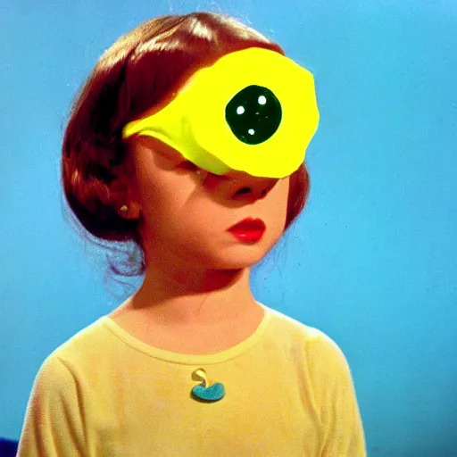 Image similar to still from 1973 live-action children's tv show about a girl who enters an eyeball cult color