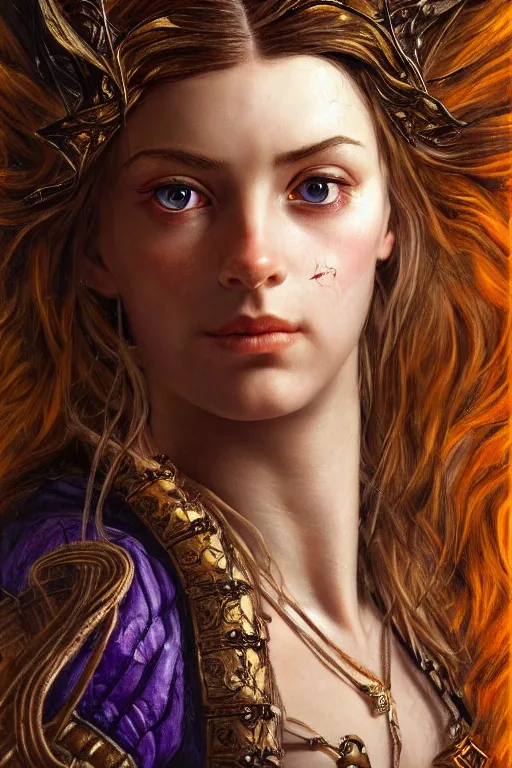 Prompt: high quality extremely detailed closeup portrait of a young gorgeous female warlock looking away from the camera, detailed eyes, no sparkle in eyes, no hands visible, fantasy, d & d, intricate, painting by lucian freud and mark brooks, hd