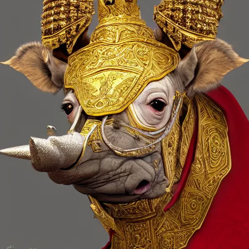 Prompt: detailed photorealistic painting of a one horned rhino wearing a highly detailed ornamented gold crown with diamonds, in a medieval knight armor with red cape , holding a chess piece, sharp focus in the style of ruan jia, Mandy jurgens, cinematic light, concept art, trending on artstation, ultra realistic