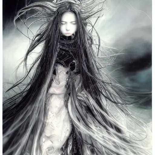 Image similar to yoshitaka amano blurred and dreamy realistic illustration of an anime girl with wavy white hair and cracks on her face wearing elden ring armour with the cape fluttering in the wind, abstract black and white patterns on the background, noisy film grain effect, highly detailed, renaissance oil painting, weird portrait angle