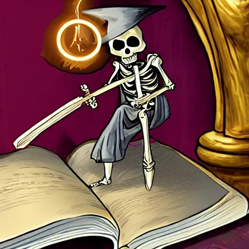 Prompt: hyper realistic skeleton wizard in a magic robe holding a golden staff reading a scroll