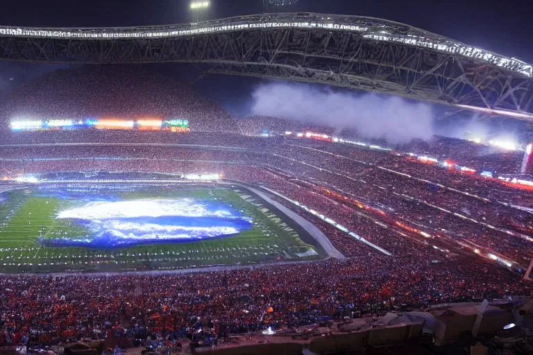 Image similar to !dream a flying whale zooms over an NFL stadium with fireworks cinematic lighting