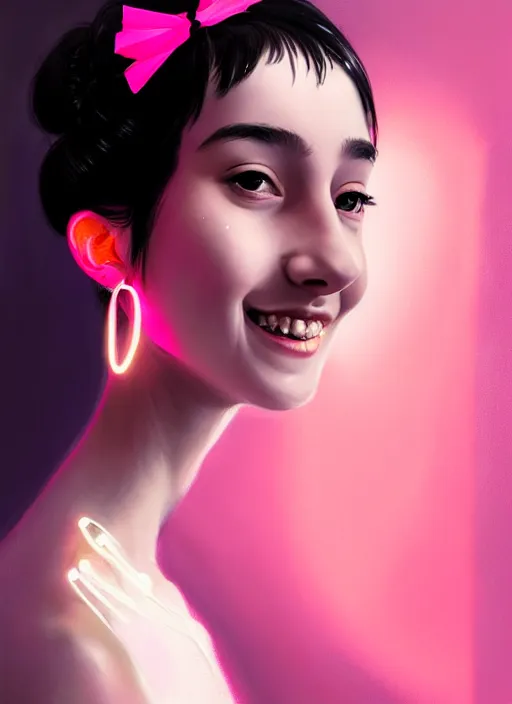 Image similar to portrait of teenage girl, narrow face, black hair, bangs, half updo hairstyle, skinny, smile, unattractive, defined jawline, big chin, wearing pink hair bow, earrings, intricate, elegant, glowing lights, highly detailed, digital painting, artstation, sharp focus, illustration, art by wlop, mars ravelo and greg rutkowski