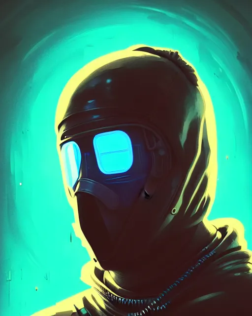 Image similar to cyberpunk synth, hyper - realistic portrait of a man in a hoodie with detailed neon mask, cyberpunk, by atey ghailan, by greg rutkowski, by greg tocchini, by james gilleard, by joe fenton, by kaethe butcher, dynamic lighting, gradient light blue, brown, cinematic lighting color scheme, sharp focus, grunge aesthetic