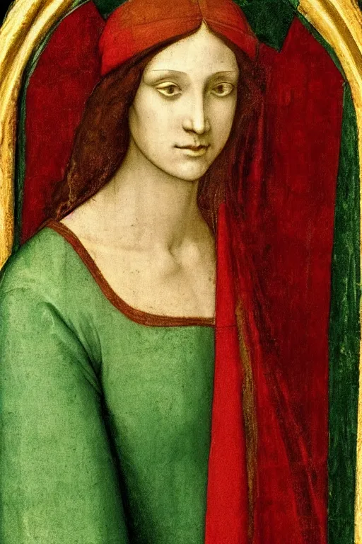 Image similar to a fresco of a renaissance Portrait of slim shapely pale young queen jezebel wearing gilded red robes, long black hair, green eyes, painted by Leonardo da Vinci