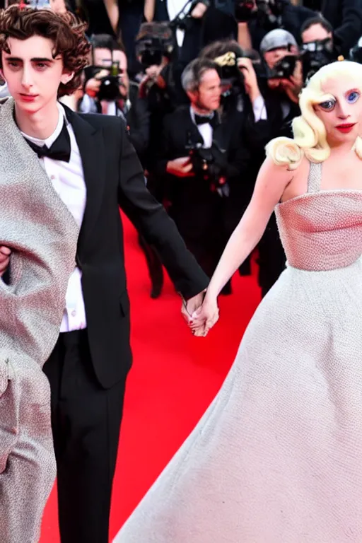 Image similar to timothee chalamet and lady gaga holding hands on the red carpet, beautiful detailed faces