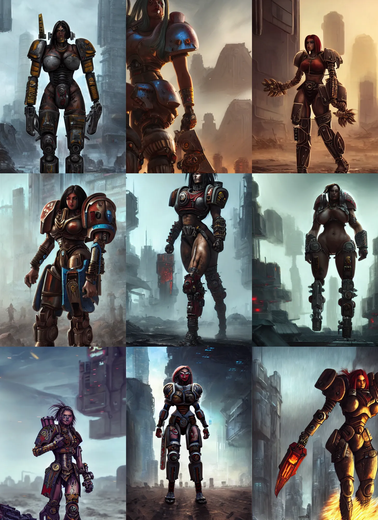 Prompt: a big muscular female warrior walking across a cyberpunk wasteland with no helmet, warhammer 40k firecast tau armor, attractive female face, symmetrical face details, ultra realistic, very highly detailed, 8K, octane, Digital painting, concept art, illustration, rule of thirds, sharp focus, centered