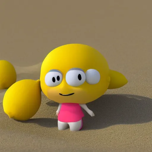 Prompt: a supercute lemon cartoon character, that is fit and good looking, it's is relaxing on a beach, inspired by dalle - 2, octane render, 3 d, volumetric lightening,