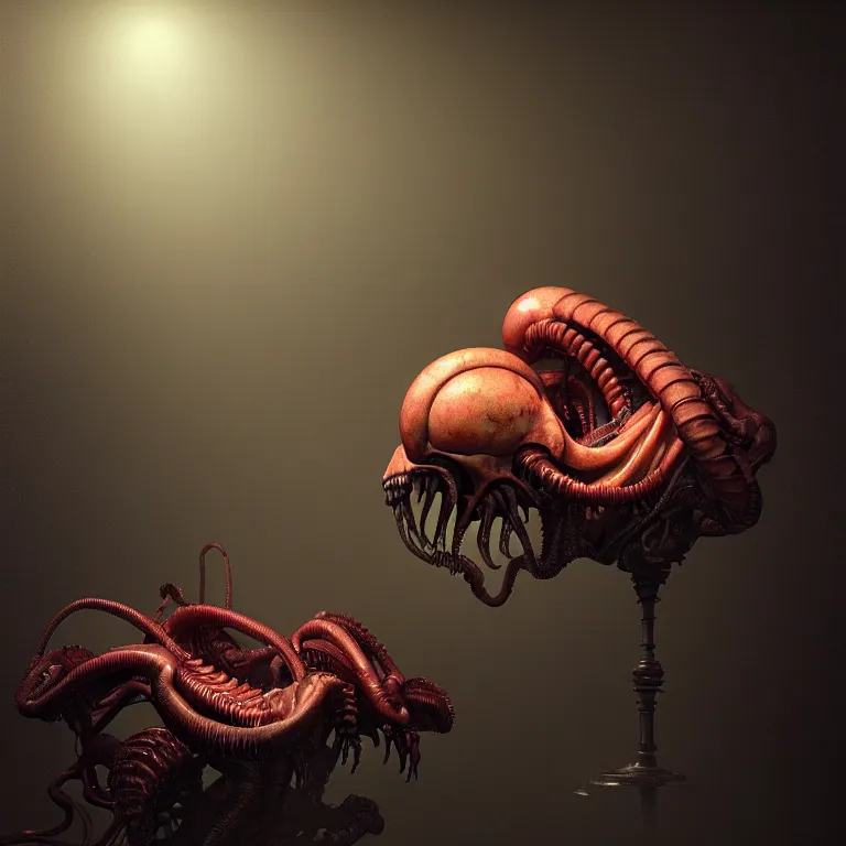 Prompt: still life of xenomorph, wide shot, soft glow bloom lucid dream - like ethereal atmosphere, baroque portrait painting, perfect composition, beautiful intricate detailed octane render trending on artstation, 8 k artistic photography, volumetric cinematic perfect light, chiaroscuro, masterpiece, raphael, caravaggio, rutkowski, beeple, beksinski