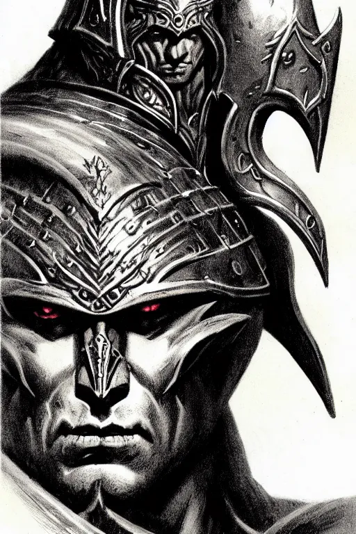 Image similar to head and shoulders portrait of an eldrich knight, drow, dark elf, shadar kai, armored, magical, male, high fantasy, d & d, by frank frazetta, face details, extremely detailed, digital illustration