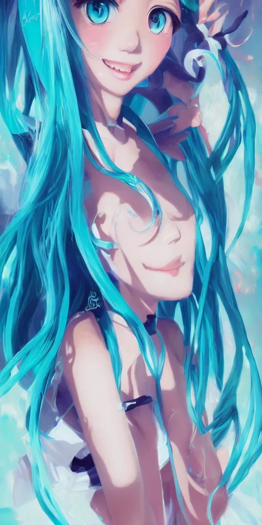 Image similar to A very beautiful painting of Hatsune Miku by rossdraws, wlop, artgerm, Gil Elvgren, Ilya kuvshinov