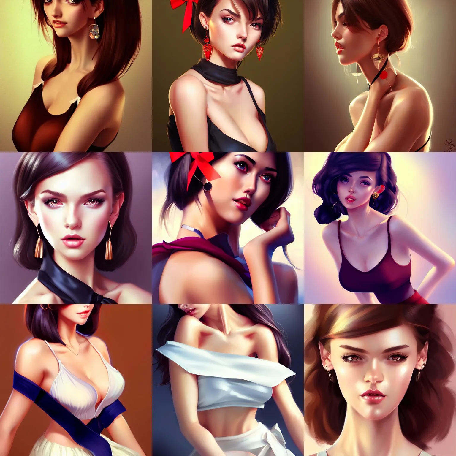 Prompt: sexy girl in a low cut blouse and short skirt, seductive pose, shoulder-length hair, ribbon in her hair, earrings. highly detailed, digital painting, in the style of artgerm and ross tran, high definition digital art