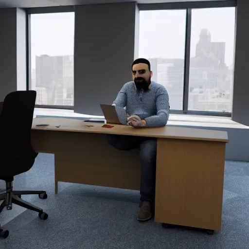 Image similar to photo of emad sitting at his desk in the stability. ai office, highly detailed, extremely high quality, hd, 4 k, 8 k, professional photographer, 4 0 mp, lifelike, top - rated, award winning, cinematic, realistic, detailed lighting, detailed shadows, sharp, no blur, edited, corrected, trending