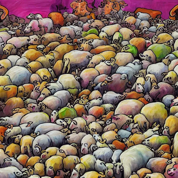 Prompt: a herd of sheep lying dead, piles of gigantic fruit, naivistic art, childrens drawing, story book illustration, expressive, colorful, schizophrenic, paranoid