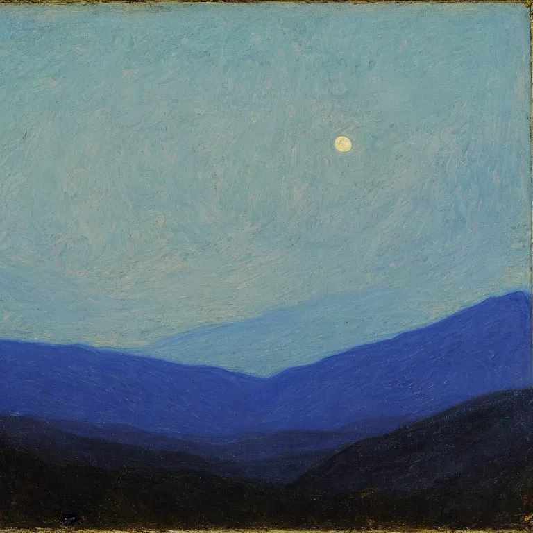 Image similar to vermont mountains, supermoon, abbott handerson thayer painting, blue palette