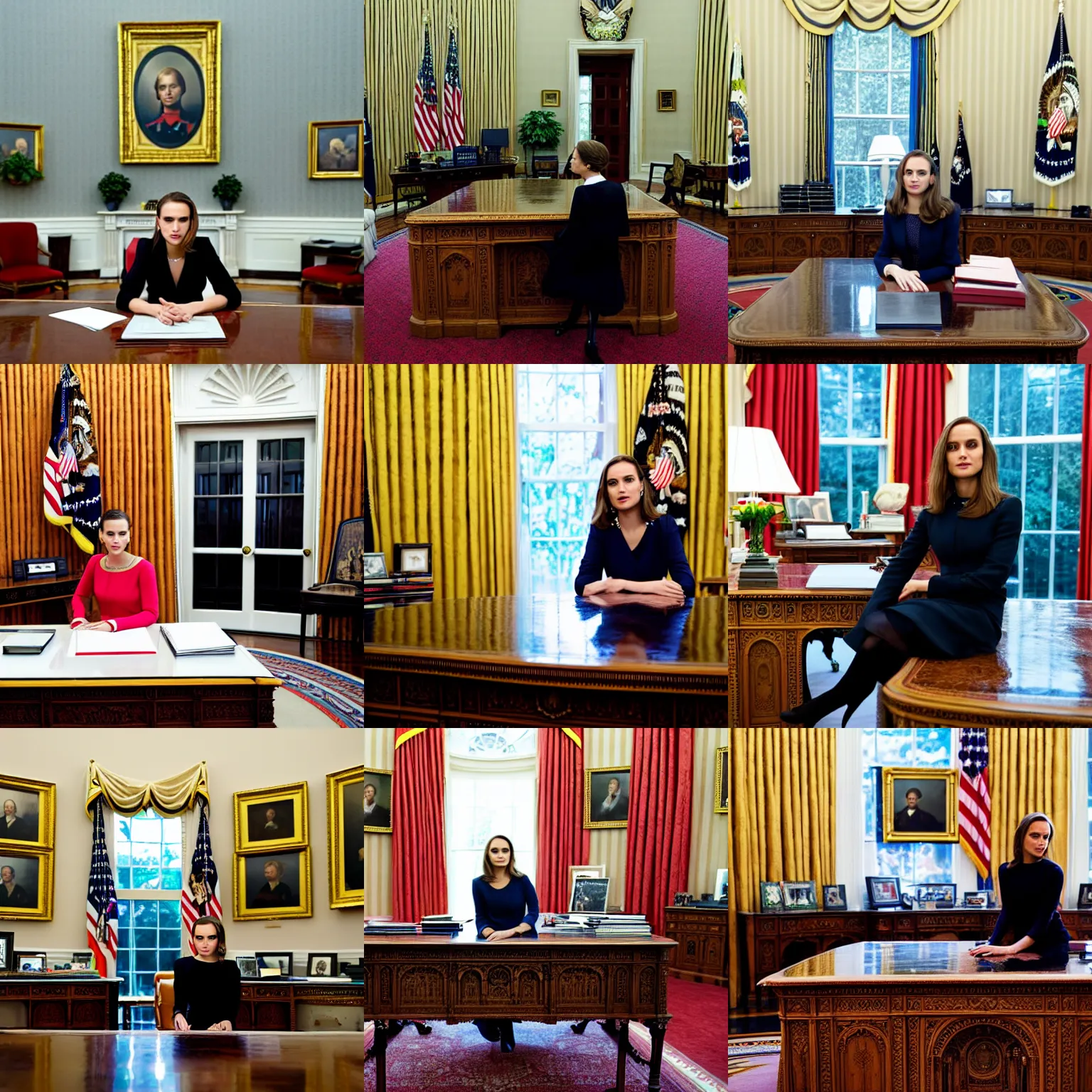 Prompt: portrait photo of president natalie portman in the oval office, resolute desk, photo by pete souza, 8 5 mm f / 1. 4