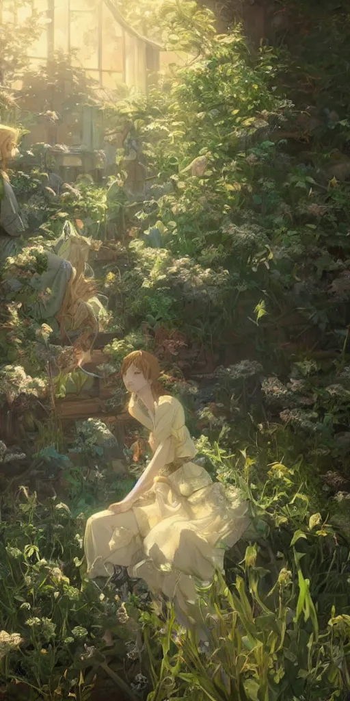 Image similar to a portrait of the emerald herald in the garden, intricate, tone mapped, ambient lighting, highly detailed, digital painting, concept art, sharp focus, by makoto shinkai and akihiko yoshida and wlop