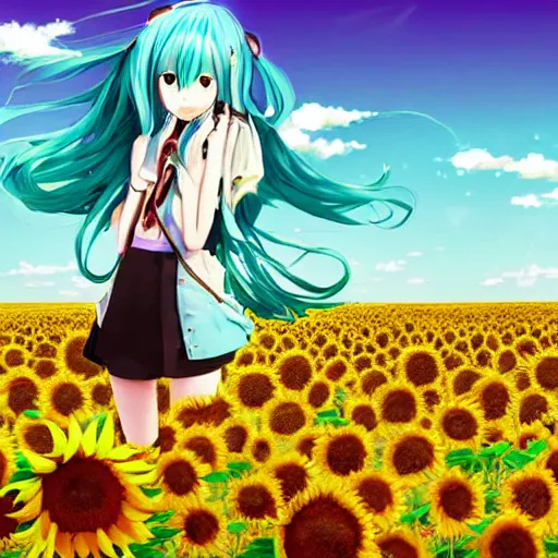 Prompt: award winning beautiful digital art of hatsune miku in a field of decayed and dead sunflowers by studio ghibli, anime style