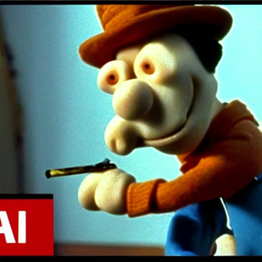 Image similar to Wallace smoking crack from a crack pipe in a still from the short movie A Grand Day Out (1989), Wallace and Gromit, Aardman Animations, claymation, 4k, high quality