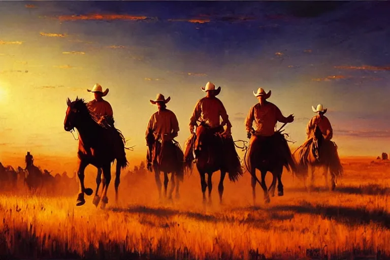 Prompt: cowboys riding towards a native american village, sunset, prairie, cinematic, 4 k, detailed, by john berkey!!!!!! and peter jackson and ridley scott and beeple!!! and greg rutowski