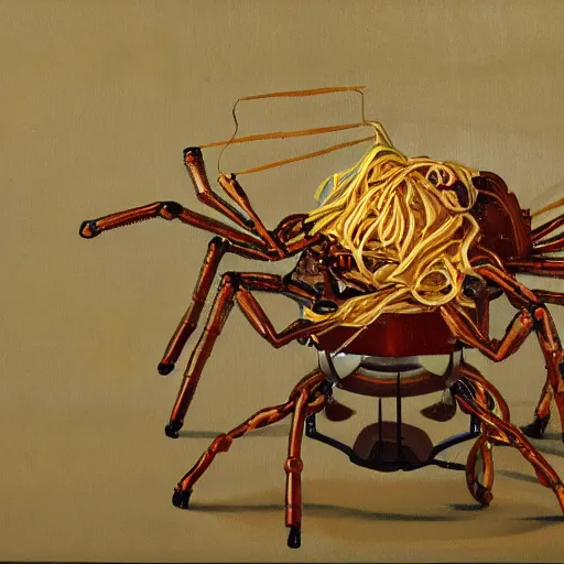 Prompt: painting of a mechanical spider cooking pasta