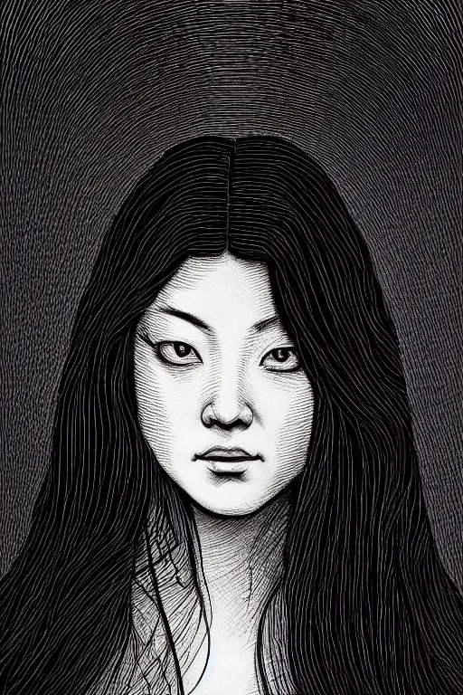 Image similar to beautiful portrait of a woman, negative no not mona lisa pose, highly detailed ink illustration of a dark alley of taipei, b & w clean shaped illustration by kim jung gi, ric estrada, ron english and eiichiro oda