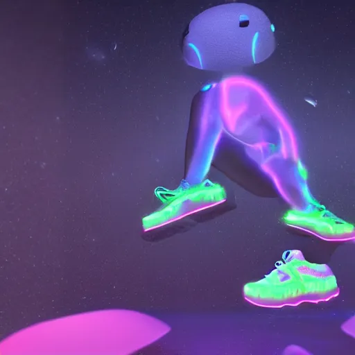 Prompt: high quality octane 3 d render of bioluminescent sneakers floating in space, emissive, bloom, volumetric, ray - tracing, bjork