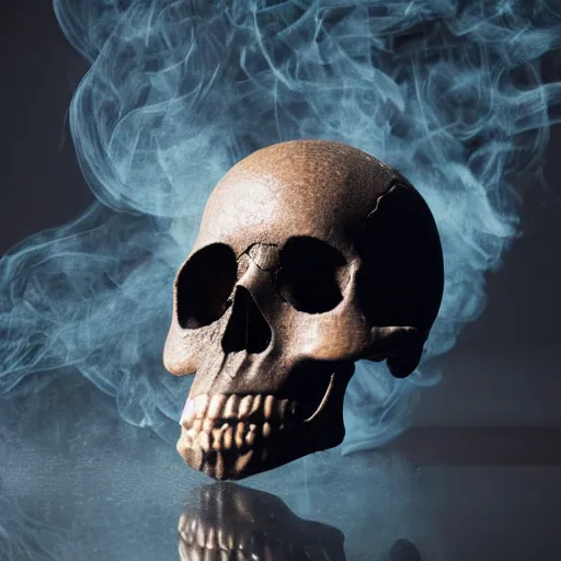 Image similar to a skull made of smoke, studio, black background, embers, extremely detailed