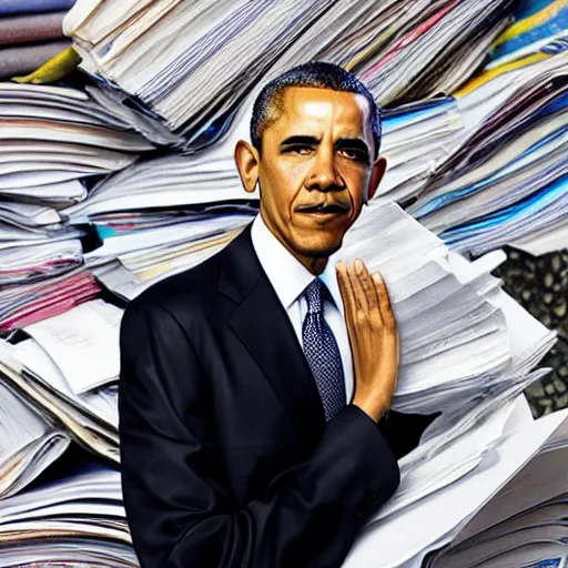 Image similar to obama nervously standing by a mountain of papers, ( eos 5 ds r, iso 1 0 0, f / 8, 1 / 1 2 5, 8 4 mm, postprocessed, crisp face, facial features )