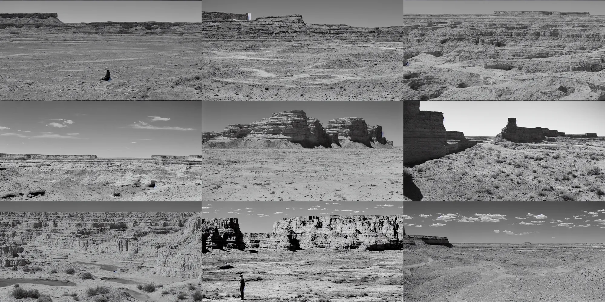 Prompt: photo of green river, wyoming cliffs. an old man in a trench coat and chrome elliptical spaceship stands still very far away in the distance. midday sun. hot and dry conditions. 8 k, hyper detailed, 3 5 mm film grain