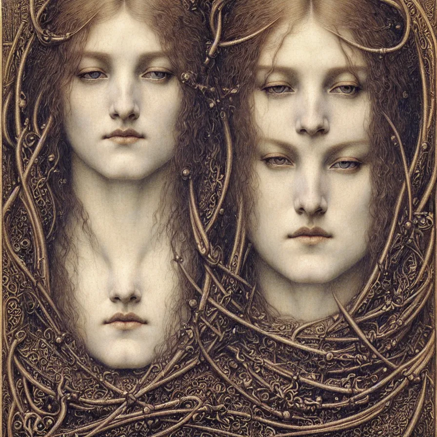 Image similar to detailed realistic beautiful young medieval queen face portrait by jean delville, gustave dore and marco mazzoni, art nouveau, symbolist, visionary, gothic, pre - raphaelite. horizontal symmetry