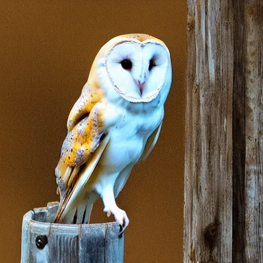 Prompt: barn owl, noctilux, barrel distortion,