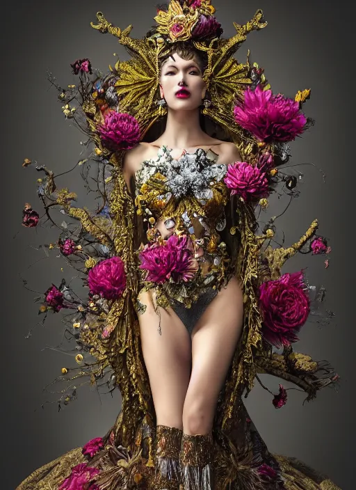 Prompt: full body photo of a female model, ornate headpiece made from flowers, ornaments, glamour shot, by karol bak, by stefan gesell, photorealistic, canon r 3, fashion photography, hyper maximalist, elegant, ornate, luxury, elite, environmental portrait, symmetrical features, octane render, unreal engine, solid dark grey background, dramatic lights