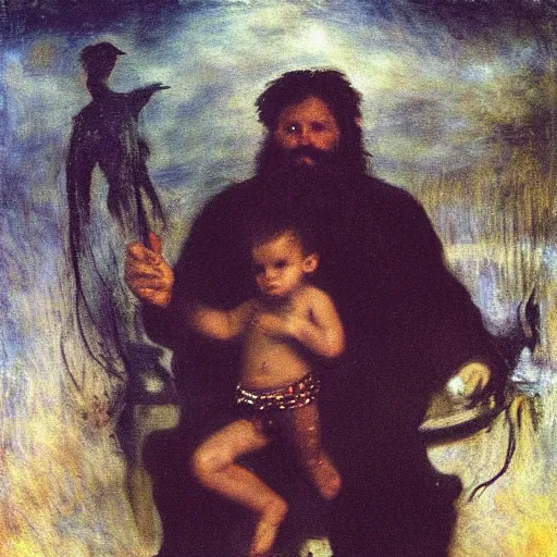 Image similar to by bill henson, by pierre - auguste renoir dark exciting. a mixed mediart of a mythological scene. large, bearded man seated on a throne, surrounded by sea creatures. he has a trident in one hand & a shield in the other. behind him is a large fish. in front of him are two smaller creatures.