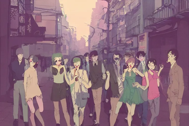 Image similar to a group of zombies hanging out in the streets of Buenos aires at night, muted colors, matte print, pastel colors, ornate, digital art, cute smile, digital painting, fan art, elegant, pixiv, by Ilya Kuvshinov, by Studio Ghibli