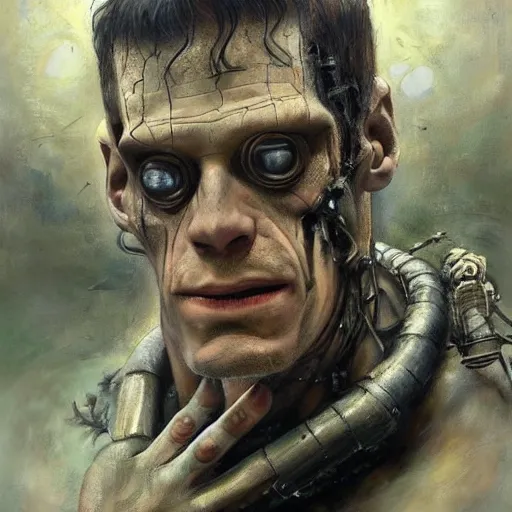 Prompt: a beatiful painting of portrait, frankenstein, cyberpunk, by Mizuri AU and Soufiane Idrassi and BONDARTS and Tomasz Alen Kopera and Klaus Wittmann and Deathburger and Daniel Romanovsky and Aku, trending on artststion