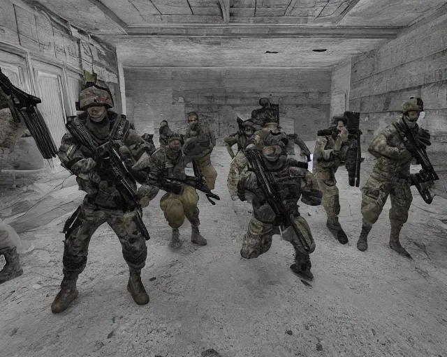 Prompt: CS:GO screenshot of a group of soldiers in an abandoned church, high exposure, dark, monochrome, camera, grainy, timestamp, zoomed in, game HUD, source engine footage, CS:GO screenshot, steam community, featured on IGN