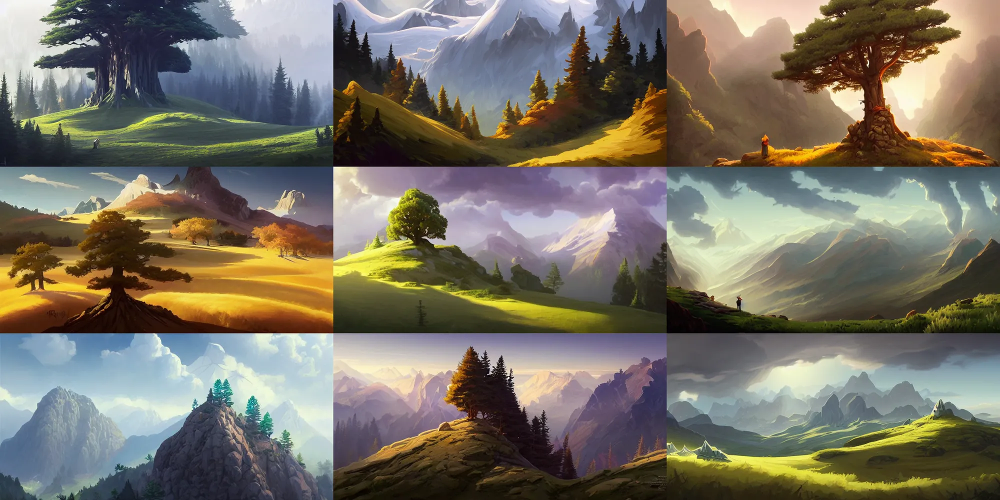 Image similar to mountain landscape without people, high trees, top of the hill, above low layered clouds, deep focus, fantasy, intricate, elegant, highly detailed, digital painting, artstation, concept art, matte, sharp focus, illustration, hearthstone, art by rhads and artgerm and greg rutkowski and alphonse mucha.