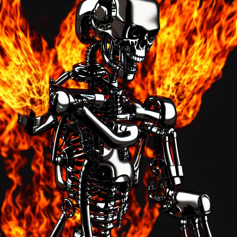 Prompt: terminator endoskeleton with fire behind it movie still, chrome, shiny, reflective, metallic, 3 d render, realistic, hdr, stan winston studios, dramatic lighting, flame colors bright,