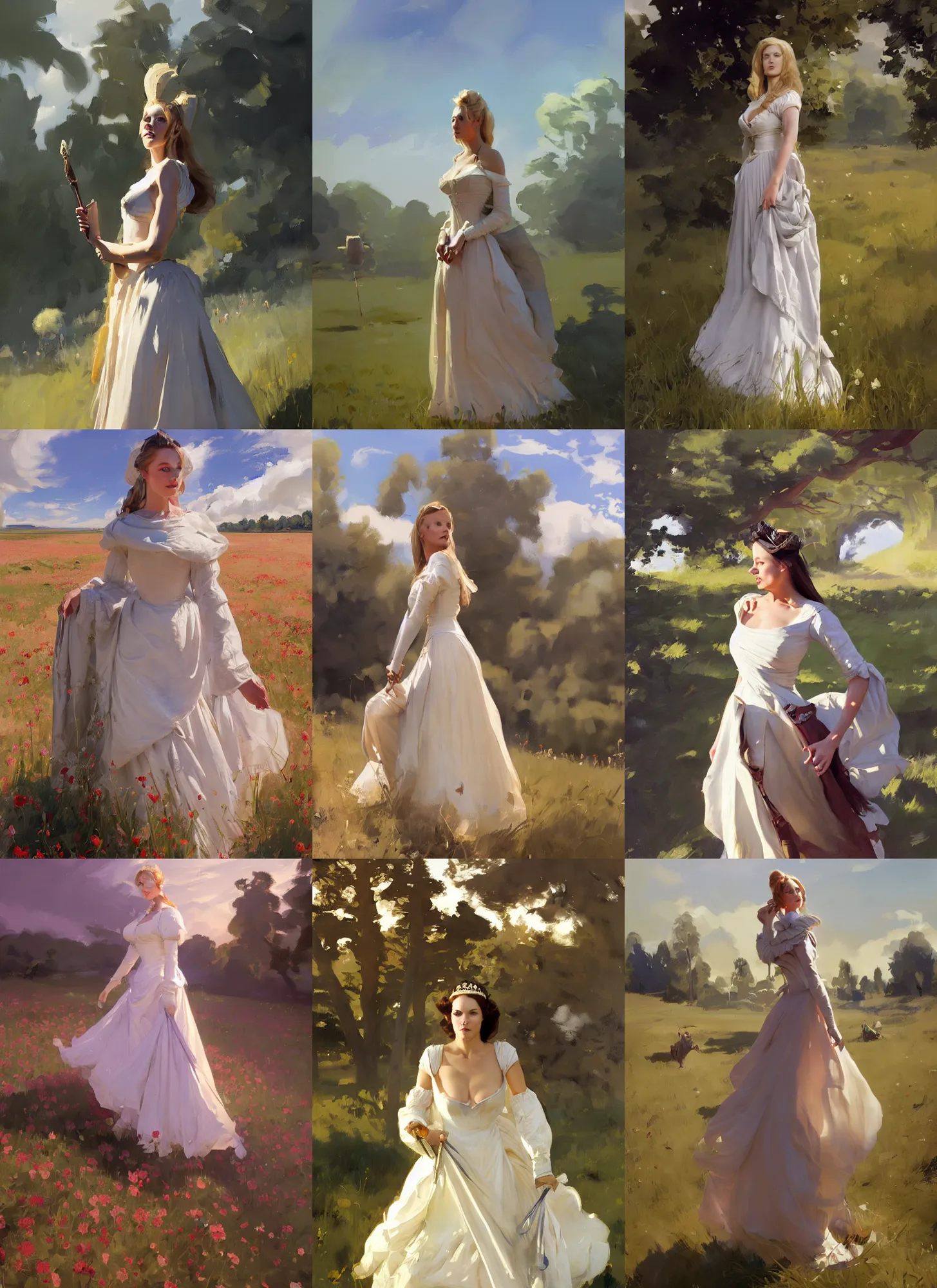 Prompt: finnish norwegian swedish scandinavian attractive glamour model as a duchess wearing 1 7 th century evening gown walking in the field in a sunny day, jodhpurs greg manchess painting by sargent and leyendecker studio ghibli fantasy medium shot asymmetrical intricate elegant matte painting illustration hearthstone by greg rutkowski by greg tocchini by james gilleard