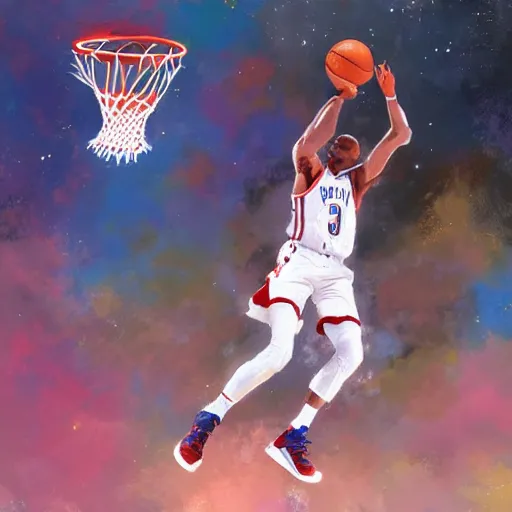 Prompt: Expressive painting of an NBA player dunking a basketball into the cosmic basket, evokes delight, digital art by Krenz Cushart, trending on artstation