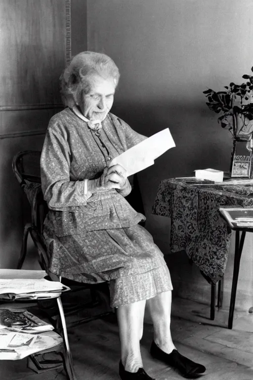 Image similar to an old lady sitting in a comfortable chair reading a letter, 1 9 5 0 s