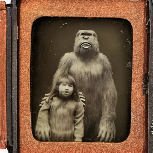 Image similar to a tintype family photo of bigfoot