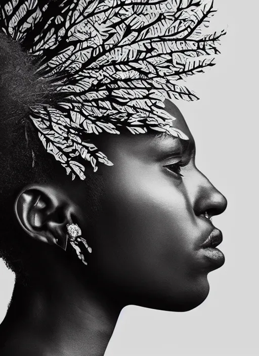 Image similar to a beautiful black woman's face in profile made of leaf and floral skeleton, in the style of the dutch masters and gregory crewdson, white hair, dark and moody aesthetic, 8 k, matte, intricate detail, hyper detailed, surrealism, fantasy, elegant, symmetrical