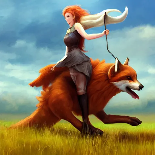 Image similar to girl riding a giant fox in a field, trending on artstation