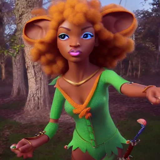 Image similar to beautiful afroame elf, clash royal style characters, unreal engine 5, octane render, detailed, cinematografic, cinema 4 d