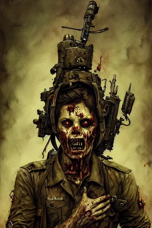 Prompt: zombie soldier | esoteric symbolism | jean - baptiste monge, esao andrews, bastien lecouffe - deharme, tim jacobus, ken currie | ultra - detailed realism, soft cinematic lighting, hi - fructose, artstation, high - quality, ink watercolors wes anderson poster art
