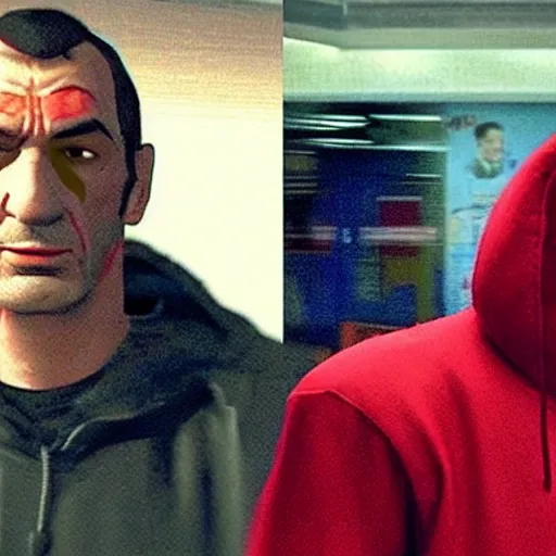 Image similar to grainy film still of niko bellic and a man wearing a red hoodie and a plastic clown mask from the dark knight returns's bank robbery scene, photorealistic