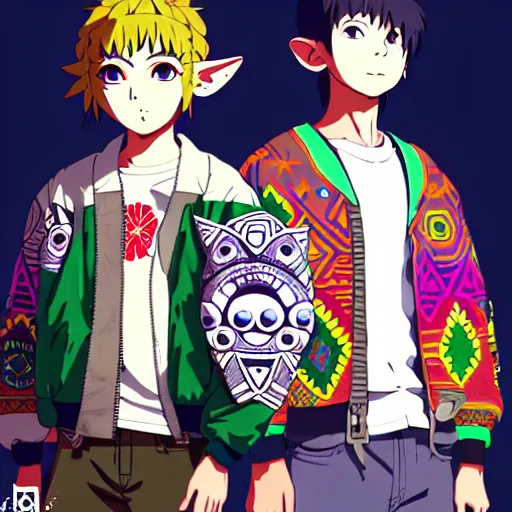 Image similar to majora majora's mask wearing oversized mayan bomber jacket with overalls, bulky poofy bomber jacket with mayan patterns, aztec street fashion, genshin impact art style, gapmoe yandere grimdark, trending on pixiv fanbox, painted by greg rutkowski makoto shinkai takashi takeuchi studio ghibli, akihiko yoshida